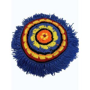 VTG Handcrafted‎ Round Crochet Throw Pillow 12" With Fringe Granny Core READ